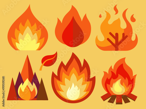 Cartoon fire. Flame of infernal fireballs, red and yellow campfire, hot wildfire and bonfire, burn power. Hellfire, burning icons isolated vector set
