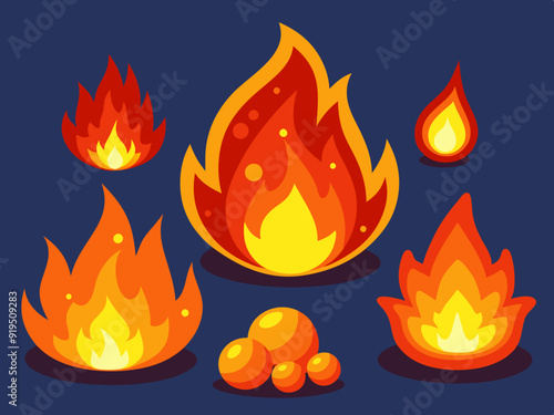 Cartoon fire. Flame of infernal fireballs, red and yellow campfire, hot wildfire and bonfire, burn power. Hellfire, burning icons isolated vector set
