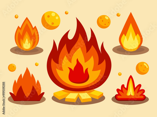 Cartoon fire. Flame of infernal fireballs, red and yellow campfire, hot wildfire and bonfire, burn power. Hellfire, burning icons isolated vector set
