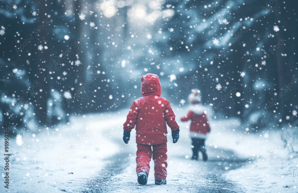 The winter forest is filled with cute little boys having fun. The winter forest is filled with cute little boys having fun.