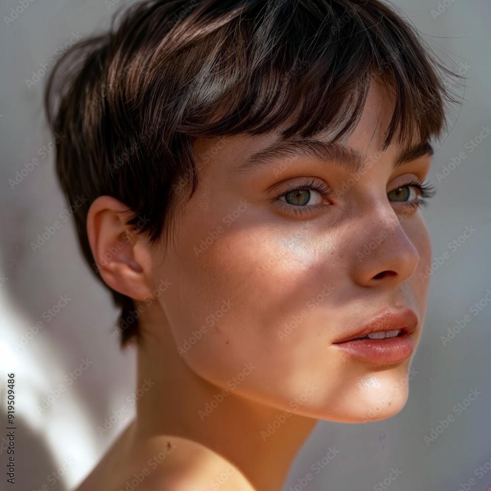 Young woman with short hair in sunlit portrait Young woman with short hair in sunlit portrait