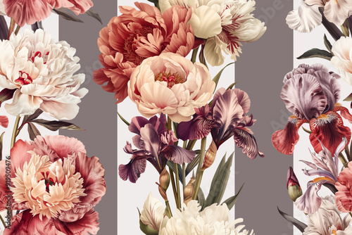 Seamless vector pattern with peony and iris flowers isolated on a changeable white background.