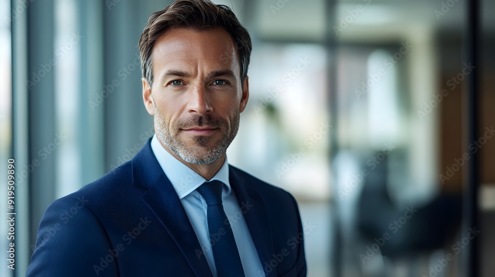 Confident Businessman Gazing through Office Window in Serious Contemplation Confident Businessman Gazing through Office Window in Serious Contemplation