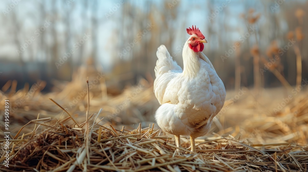 Fototapeta premium Beautiful white chicken posing outdoors in straw