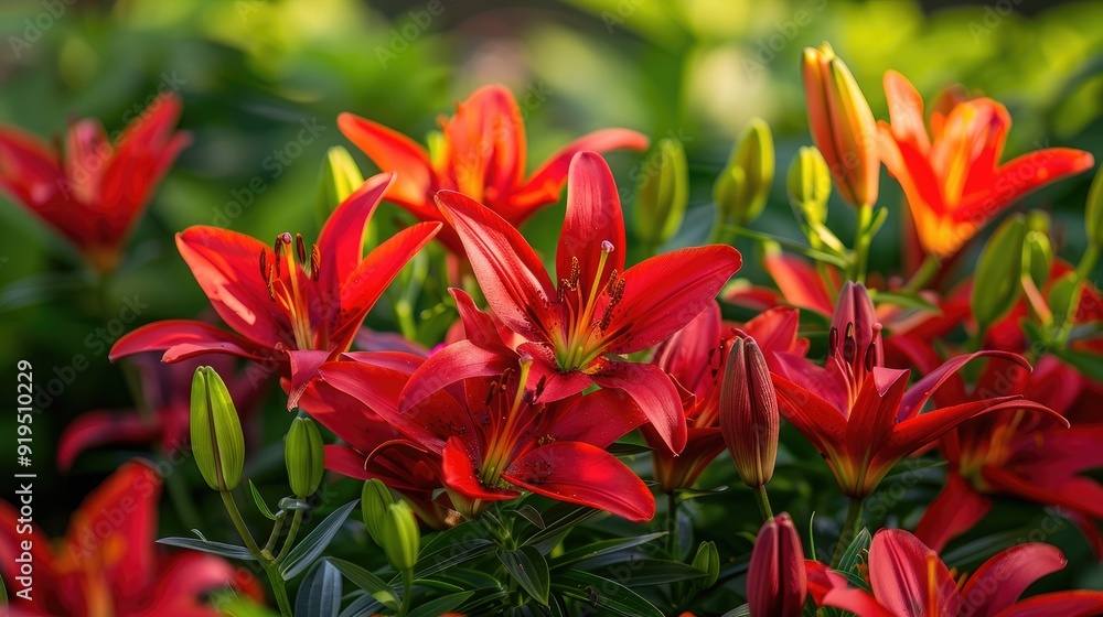 Blooming red Asiatic lilies in a garden Concept of horticulture and natural beauty Blooming red Asiatic lilies in a garden Concept of horticulture and natural beauty