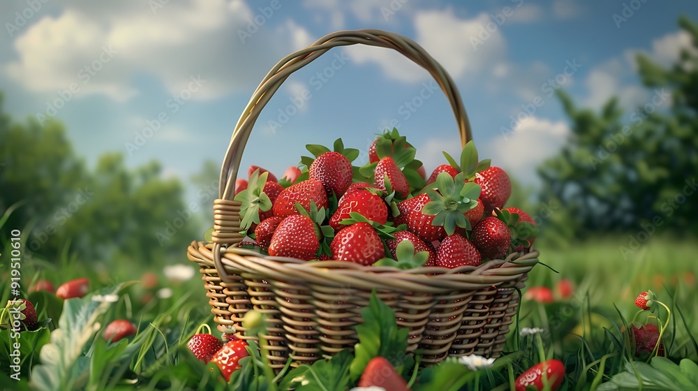Realistic photo of a basket with lots of strawberries in it on the background of a beautiful lawn
Realistic photo of a basket with lots of strawberries in it on the background of a beautiful lawn