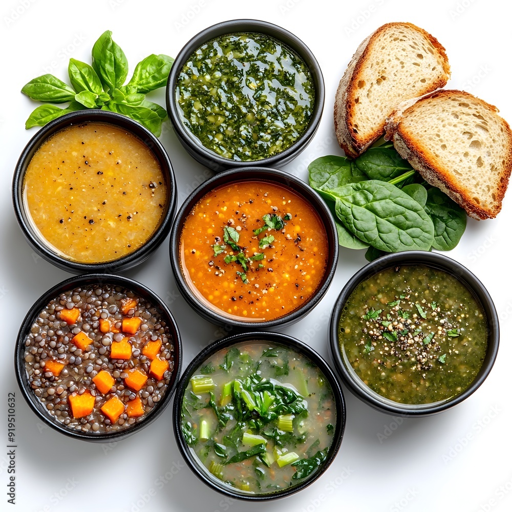 Homemade Lentil Soup with Fresh Vegetables and Whole Grain Bread Arranged on White Background Homemade Lentil Soup with Fresh Vegetables and Whole Grain Bread Arranged on White Background