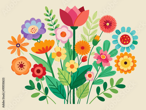 Flower bouquets. Garden blossoming flowers with stem and leaves, floral bouquet. Various cartoon romantic flowering plant for Woman and Mother day. Vector set 
