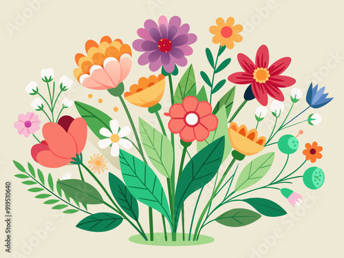 Flower bouquets. Garden blossoming flowers with stem and leaves, floral bouquet. Various cartoon romantic flowering plant for Woman and Mother day. Vector set 
