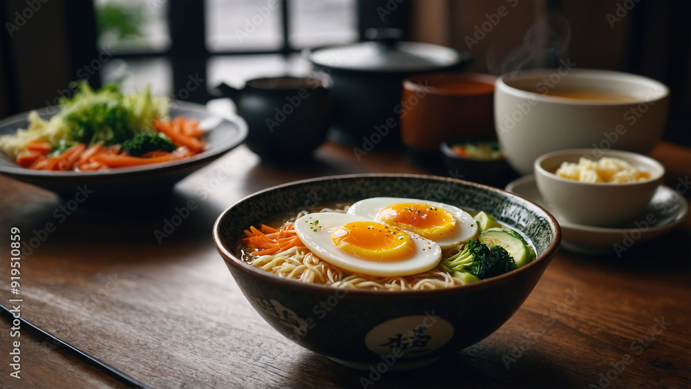 Halal ramen with chicken broth, half-boiled egg and vegetables, served at a Japanese-style cafe table Halal ramen with chicken broth, half-boiled egg and vegetables, served at a Japanese-style cafe table