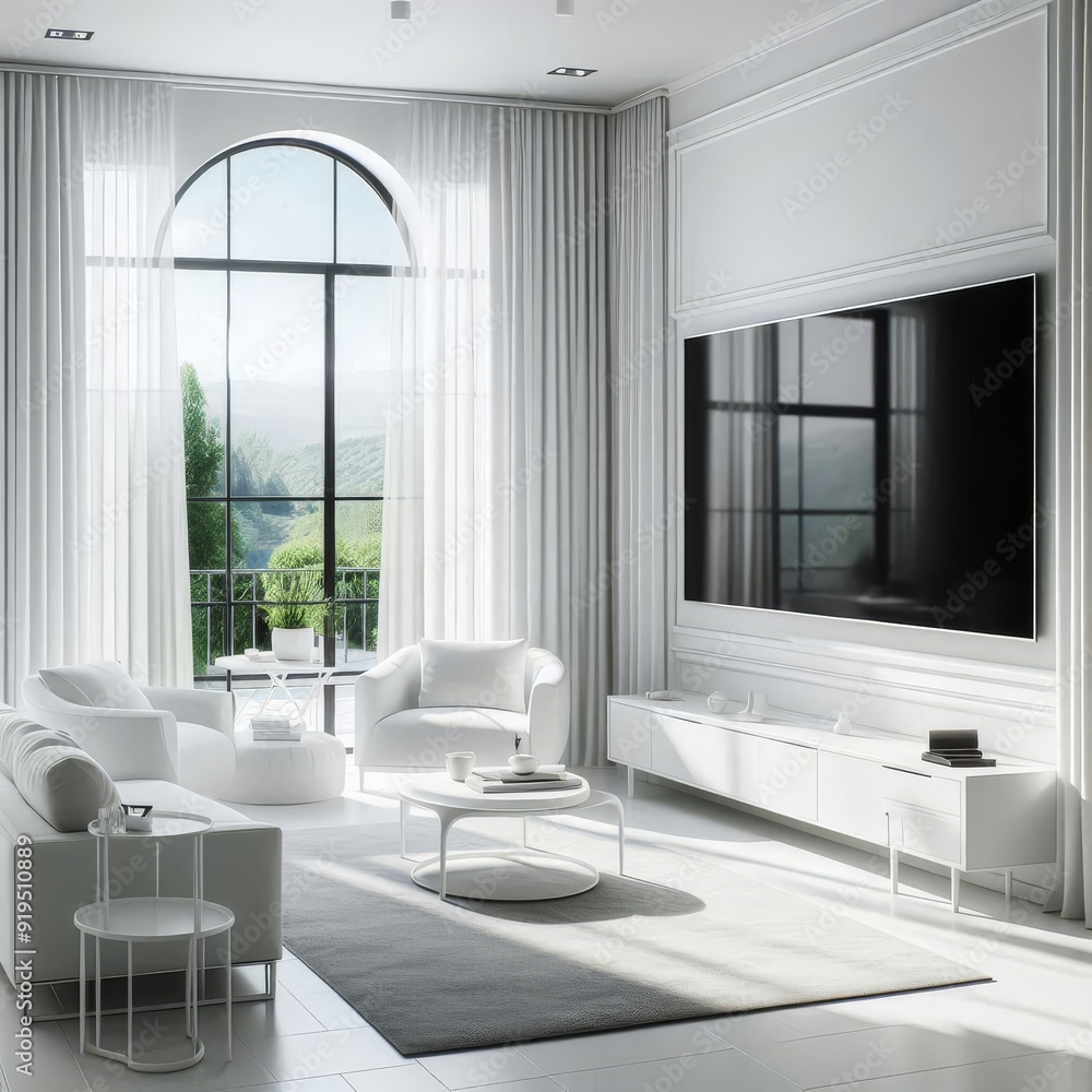 Fototapeta premium a living room with a large flat screen tv on the wall.