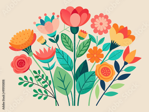Flower bouquets. Garden blossoming flowers with stem and leaves, floral bouquet. Various cartoon romantic flowering plant for Woman and Mother day. Vector set 
