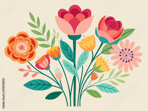 Flower bouquets. Garden blossoming flowers with stem and leaves, floral bouquet. Various cartoon romantic flowering plant for Woman and Mother day. Vector set 
