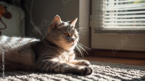 British Short Hair cat lounging on rug near bed in Edinburgh bedroom Scotland with sunlight streaming through blinds as she gazes elsewhere