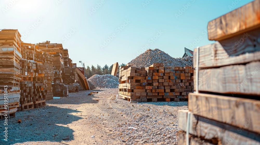 Building materials piled up under clear sky Building materials piled up under clear sky