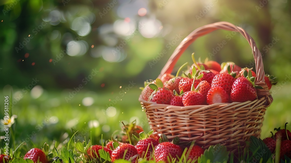 Realistic photo of a basket with lots of strawberries in it on the background of a beautiful lawn
Realistic photo of a basket with lots of strawberries in it on the background of a beautiful lawn