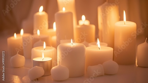 Candles burning on white backdrop