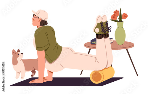 Girl with belly practices pregnancy fitness. Pregnant woman training, does sport exercises with foam roller. Expectant mother goes pilates workout indoors. Flat isolated vector illustration on white