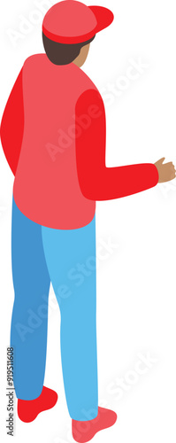 Isometric delivery service worker wearing red uniform standing with back turned