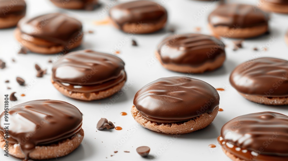Caramel filled cookies in chocolate icing on white background with copy space Caramel filled cookies in chocolate icing on white background with copy space
