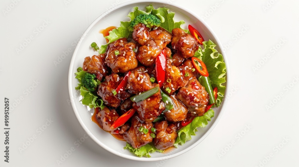 Chinese pork dish served in a bowl on a white background View from above Chinese pork dish served in a bowl on a white background View from above