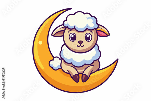 Cute Sheep Sitting On Moon Cartoon Vector Icons Illustration. Flat Cartoon Concept vector illustration  photo