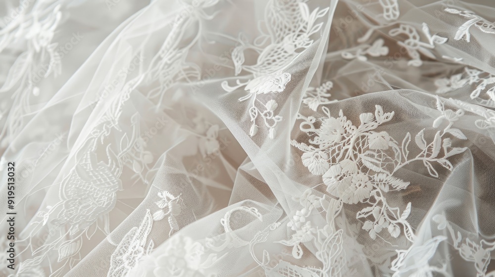 Close up view of translucent lace wedding gown on white background Close up view of translucent lace wedding gown on white background