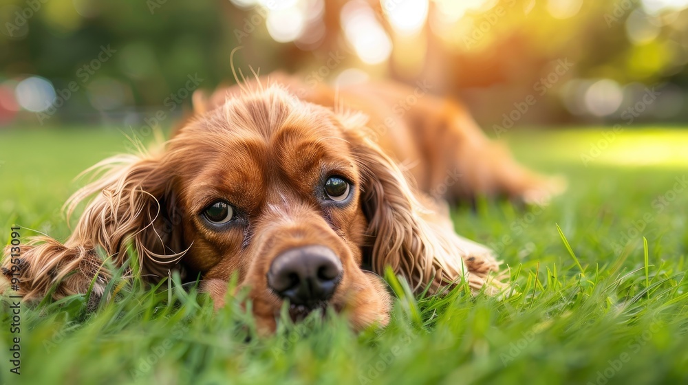 Cocker Spaniel relaxing on outdoor grass in the park Cocker Spaniel relaxing on outdoor grass in the park