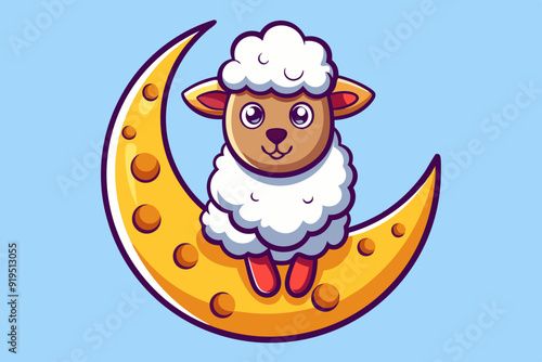 Cute Sheep Sitting On Moon Cartoon Vector Icons Illustration. Flat Cartoon Concept vector illustration  photo