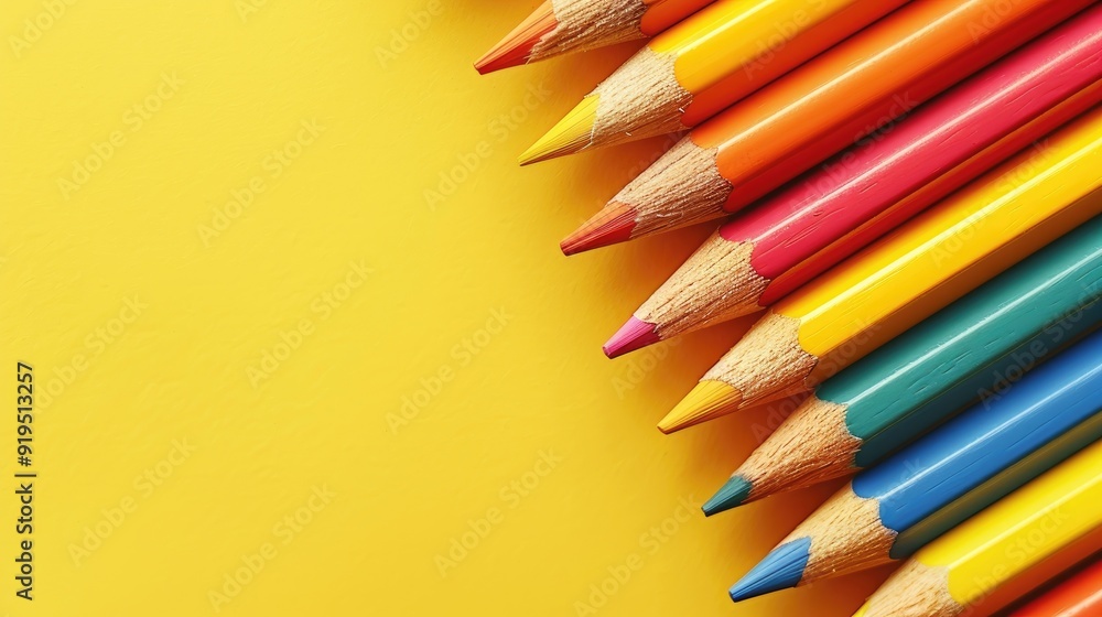 Colored pencils on yellow background School and education idea Colored pencils on yellow background School and education idea
