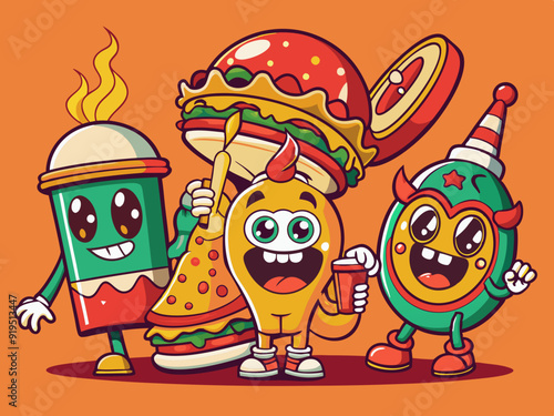 Retro cartoon fast food. Vintage 60s food mascot characters. Groovy 70s stickers in trendy style. Comic soda, crazy burger, psychedelic hot dog, cute pizza face. Vector set
