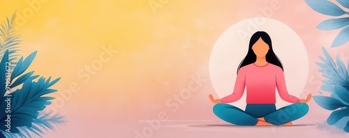 Wallpaper Mural A serene illustration of a woman meditating amidst colorful foliage and a calming background, promoting peace and mindfulness. Torontodigital.ca
