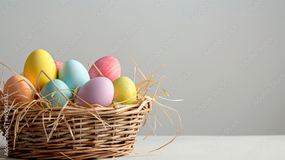 Colorful Easter eggs in basket on straw White table backdrop Design space available Colorful Easter eggs in basket on straw White table backdrop Design space available