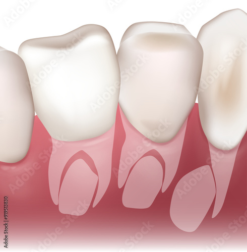 Growth of permanent teeth. Baby teeth or milk tooth. Anatomical  illustration with molars and incisors. Permanent tooth located below primary tooth