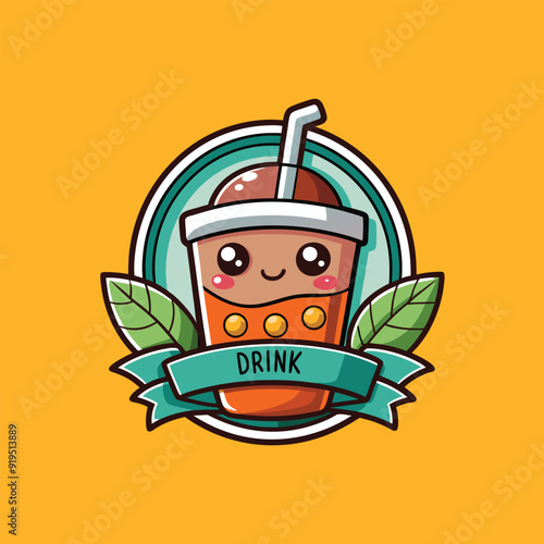 Bubble drink or bubble tea logo with leaf and text on yellow background