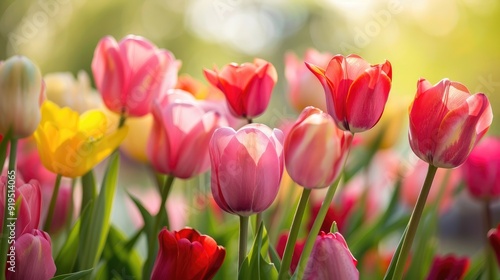 Colorful Tulip Flowers in Garden with Copy Space