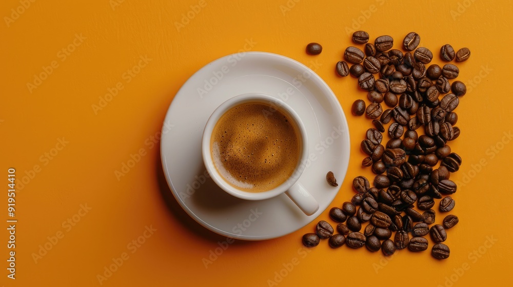Conceptual image of roasted coffee beans and fresh espresso cup from above Conceptual image of roasted coffee beans and fresh espresso cup from above