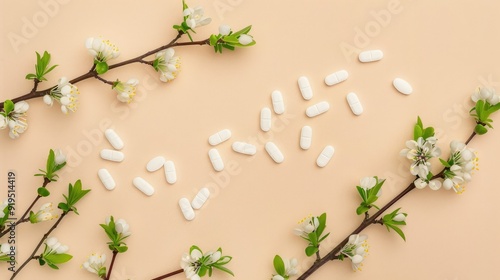 Concept of treating seasonal allergies with antihistamine pills spring tree branches with new green leaves on beige background