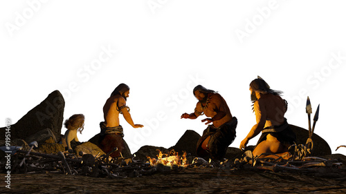 Prehistoric cavemen by the campfire 3d render photo