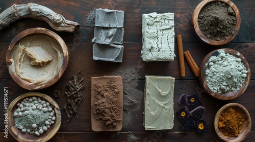 Cosmetic clay soaps henna blocks and raw shea butter on dark wood surface photo