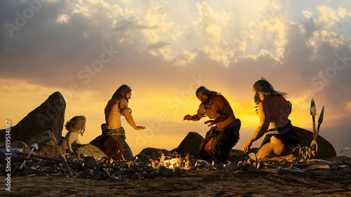 Prehistoric cavemen by the campfire 3d render