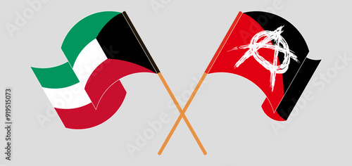 Crossed and waving flags of Kuwait and Anarchy