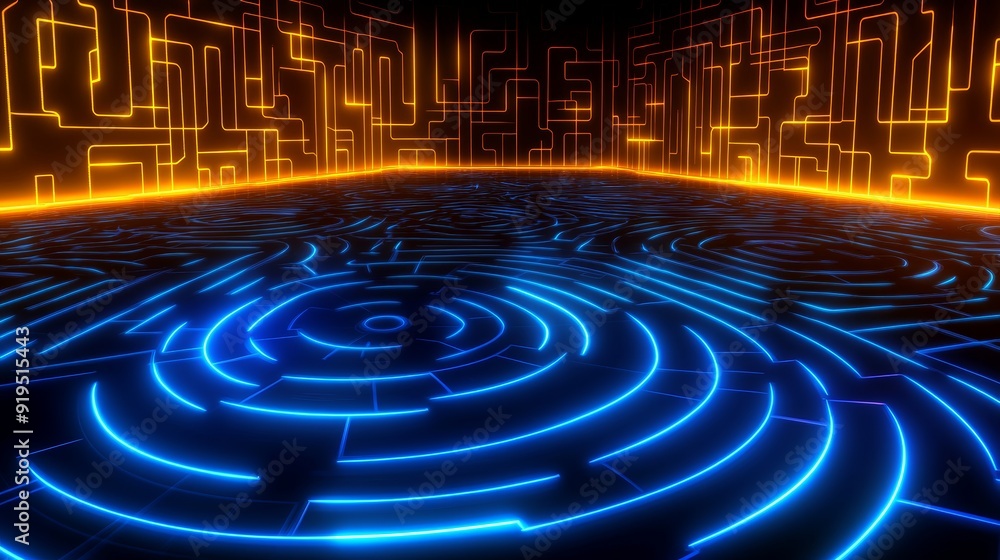 An abstract futuristic holographic circle maze interface concept background for technology, cybersecurity, or business presentations. Dark tone with neon purple and blue colors, with copy-space for An abstract futuristic holographic circle maze interface concept background for technology, cybersecurity, or business presentations. Dark tone with neon purple and blue colors, with copy-space for