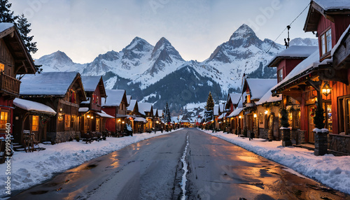 Village alpin enneigé au coucher du soleil photo