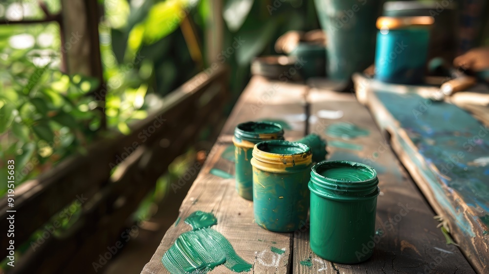 Fototapeta premium DIY concept Green and brown paint supplies on wooden bench