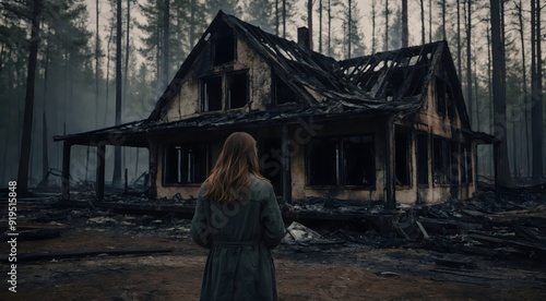 a woman in the forest front of a burned house