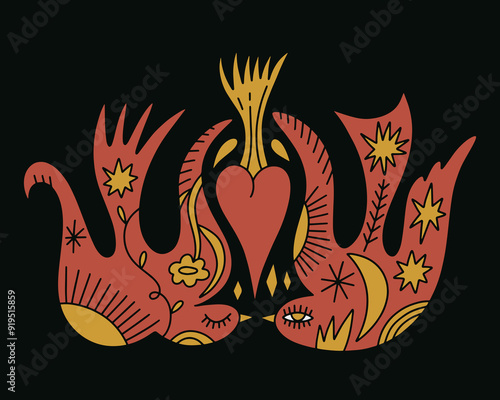 Valentine romantic doodle birds boho naive funky cartoon hand-drawn art in Scandinavian style, folk floral bird with flowers pattern, sacred burning heart illustration clipart and more, love and