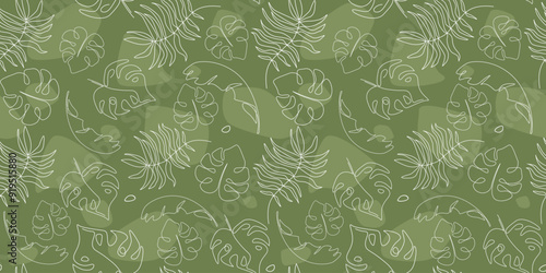 Seamless pattern with abstract tropical leaves line art. Natural exotic print with plant silhouettes and simple shapes. Vector graphics.