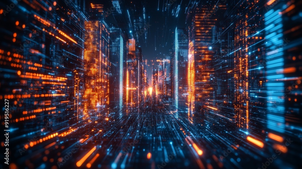 Data transfer and technology landscape represented by a dynamic bokeh effect. Data transfer and technology landscape represented by a dynamic bokeh effect.