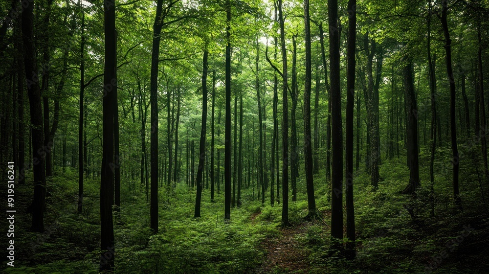 A Dense Forest Path Through Lush Green Trees A Dense Forest Path Through Lush Green Trees